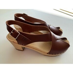 Sandgrens Swedish Wooden Clogs Brown Leather Peep Toe High Heel Sandals Size 39